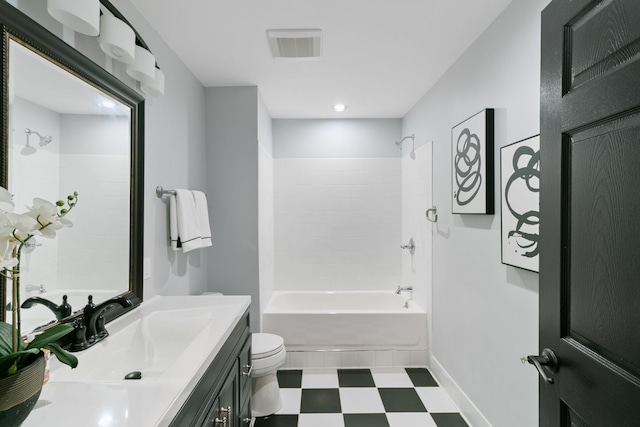 full bathroom with washtub / shower combination, vanity, and toilet