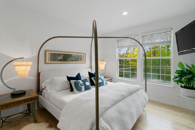 bedroom featuring light hardwood / wood-style flooring and multiple windows