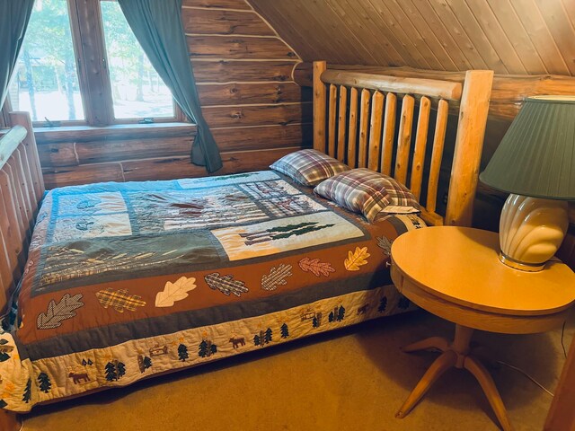 bedroom featuring log walls, wooden ceiling, and lofted ceiling