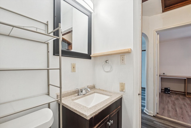 bathroom with wood-type flooring, vanity, and toilet