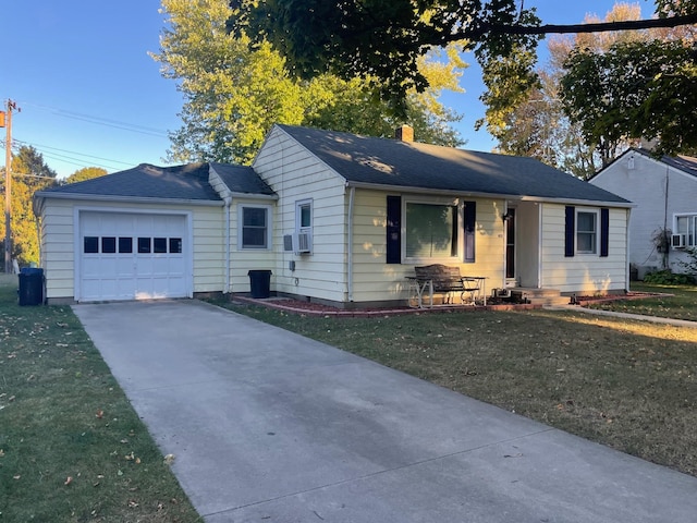 ranch-style house with a front lawn, cooling unit, concrete driveway, an attached garage, and a chimney