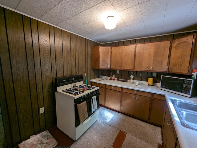 kitchen with sink, wooden walls, and gas range gas stove