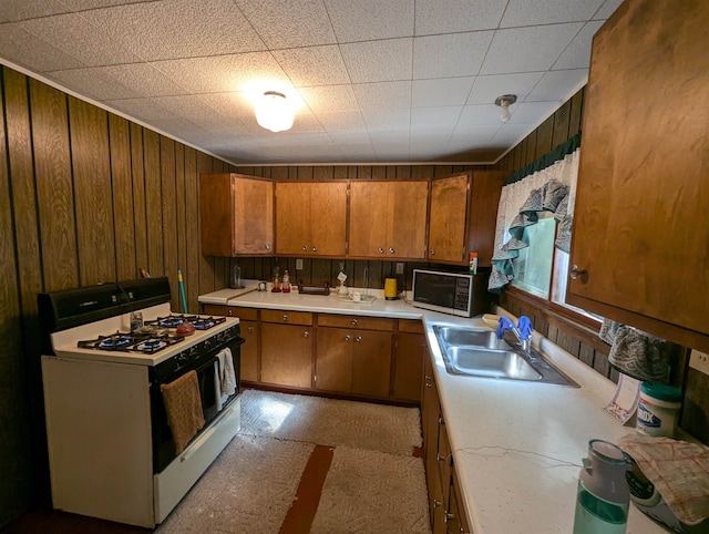 kitchen with sink, wooden walls, and gas range gas stove