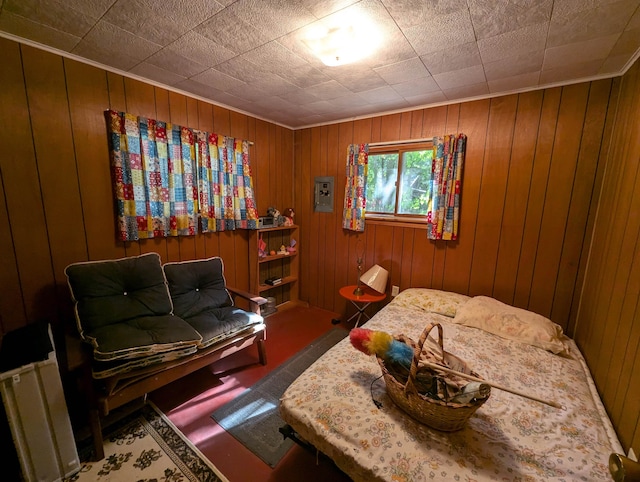 interior space with wood walls, radiator heating unit, and carpet