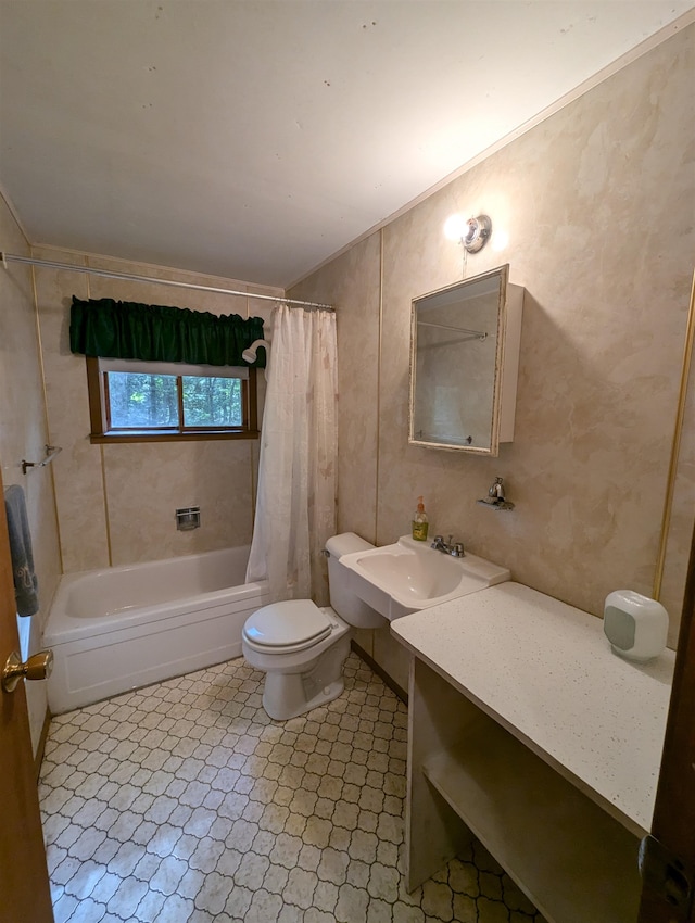 full bathroom with tile patterned floors, vanity, shower / bath combination with curtain, and toilet