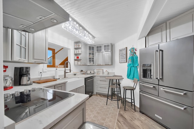 kitchen with gray cabinetry, sink, light wood-type flooring, range hood, and appliances with stainless steel finishes