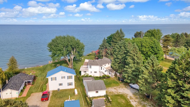 drone / aerial view with a water view