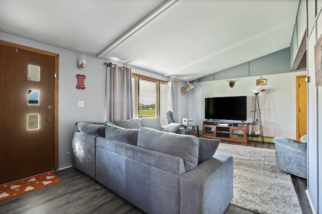 living room with dark hardwood / wood-style floors, baseboard heating, and lofted ceiling