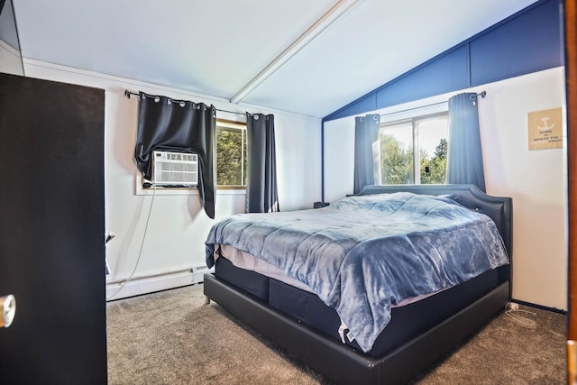 bedroom with carpet flooring, vaulted ceiling, cooling unit, and a baseboard heating unit