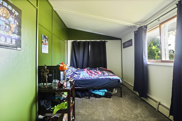 carpeted bedroom featuring vaulted ceiling