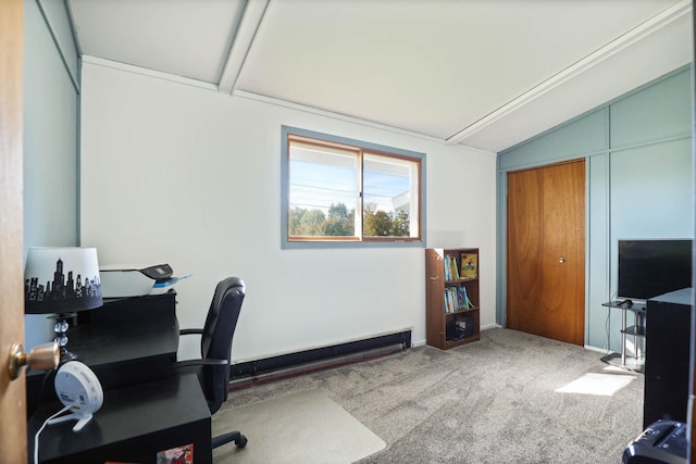 office featuring carpet floors and vaulted ceiling