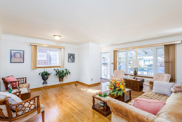 living room with light hardwood / wood-style flooring and a healthy amount of sunlight