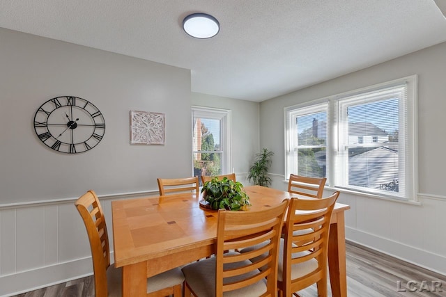 dining room featuring a textured ceiling and hardwood / wood-style flooring