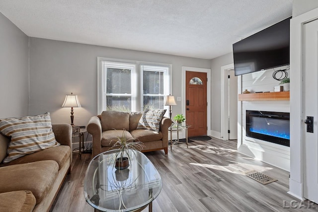 living room with hardwood / wood-style floors and a textured ceiling