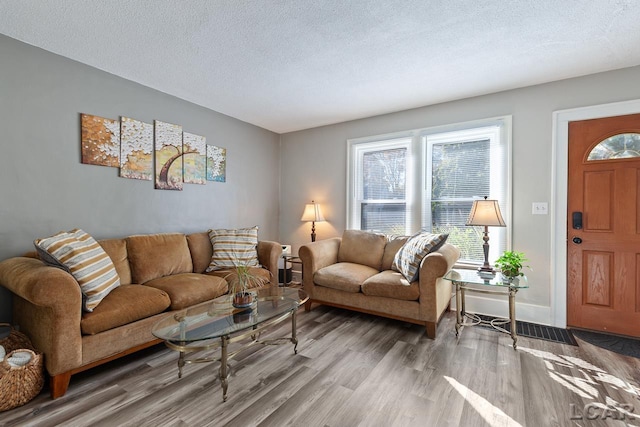 living room with hardwood / wood-style floors, a textured ceiling, and a wealth of natural light