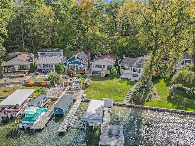 drone / aerial view featuring a water view