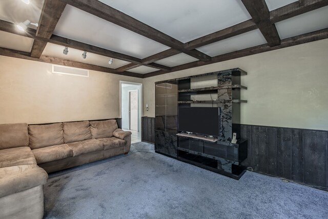 carpeted living room featuring beamed ceiling and coffered ceiling