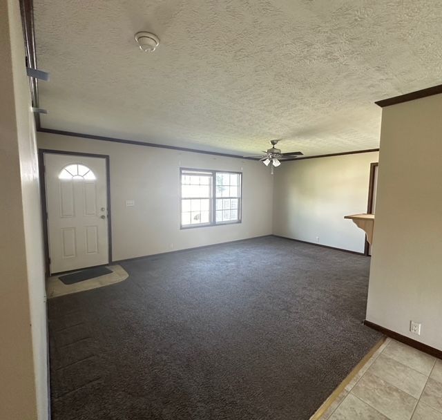 interior space featuring ceiling fan, a textured ceiling, and ornamental molding