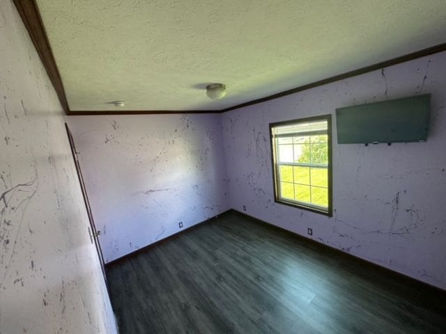 empty room featuring a textured ceiling and dark wood-type flooring