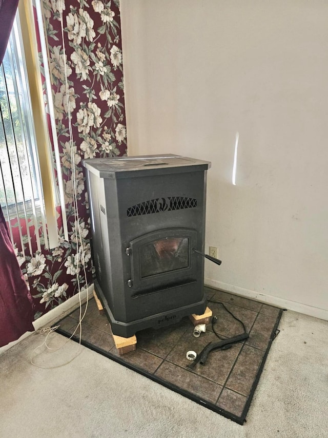 details featuring carpet flooring and a wood stove