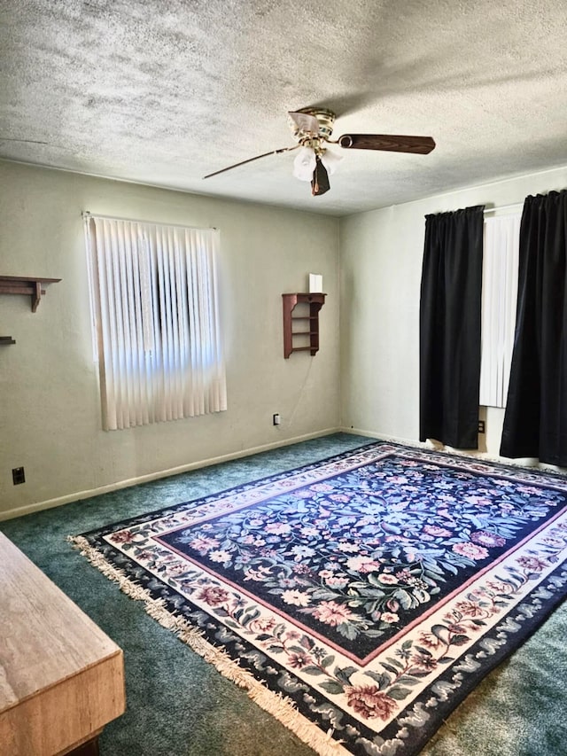 interior space featuring carpet flooring, ceiling fan, and a textured ceiling