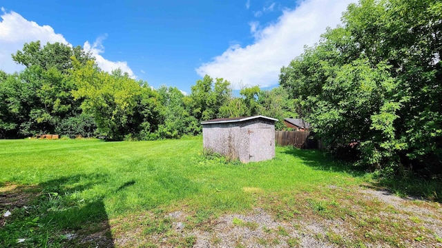 view of yard featuring a storage unit