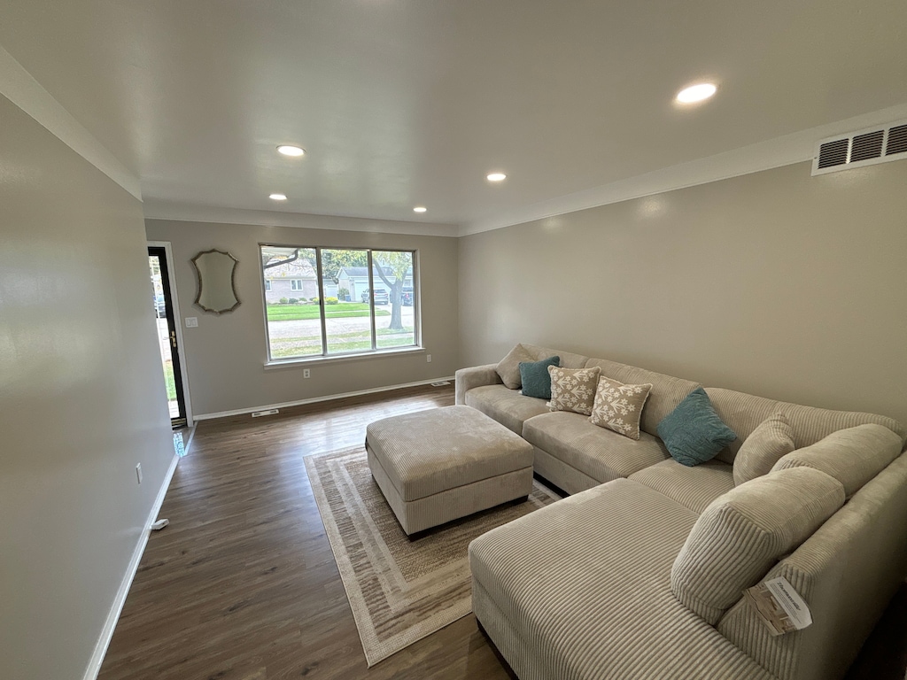 living room featuring dark wood-type flooring and ornamental molding