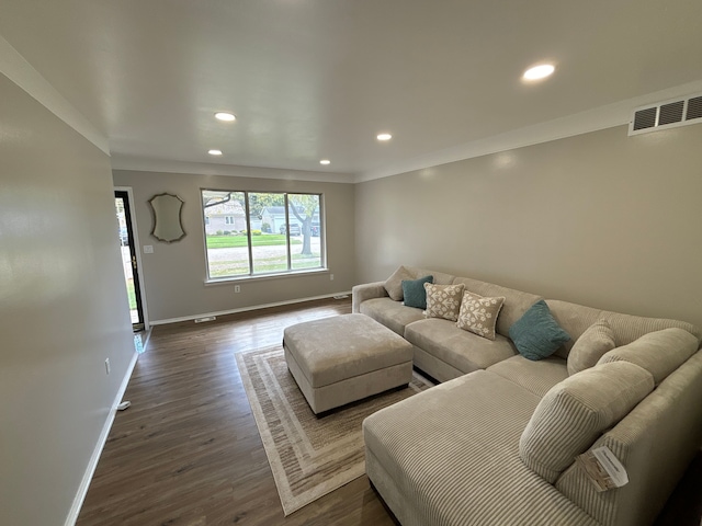 living room featuring dark wood-type flooring and ornamental molding