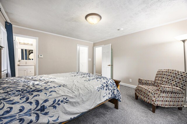 11600 Baker Rd, Greenville, MI 48838 - carpeted bedroom with a textured ceiling, ornamental molding, baseboards, and connected bathroom