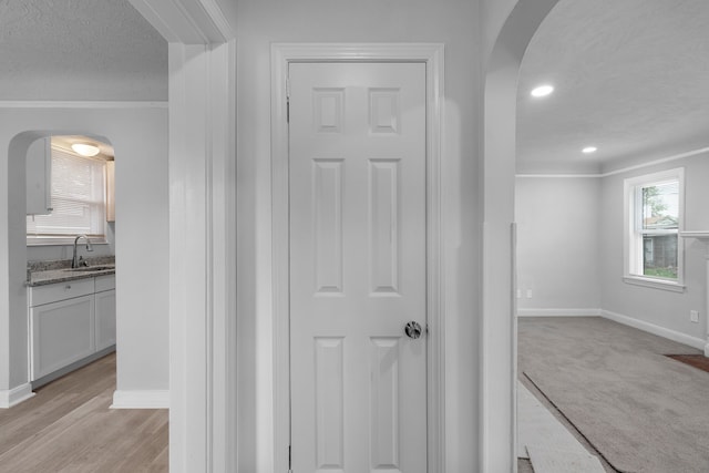 hall with crown molding, sink, a textured ceiling, and light hardwood / wood-style flooring