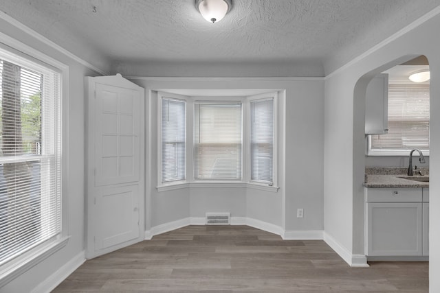 unfurnished dining area with sink, light hardwood / wood-style floors, a textured ceiling, and ornamental molding