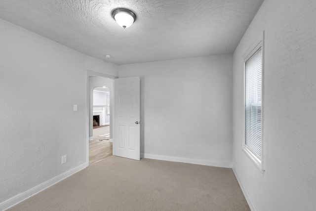 unfurnished room featuring light carpet and a textured ceiling