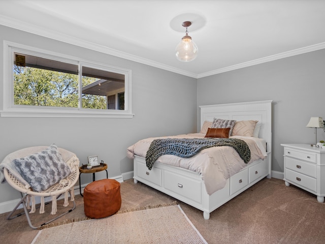 carpeted bedroom featuring ornamental molding