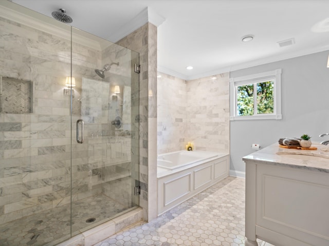 bathroom with crown molding, tile patterned flooring, vanity, and independent shower and bath