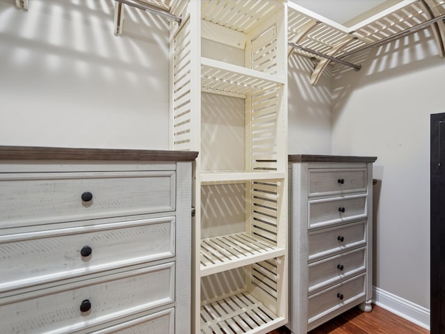 walk in closet with dark hardwood / wood-style flooring