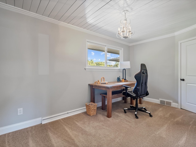 carpeted home office featuring an inviting chandelier, baseboard heating, crown molding, and wood ceiling