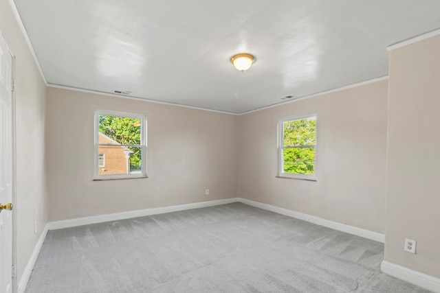 empty room with light colored carpet, plenty of natural light, and ornamental molding