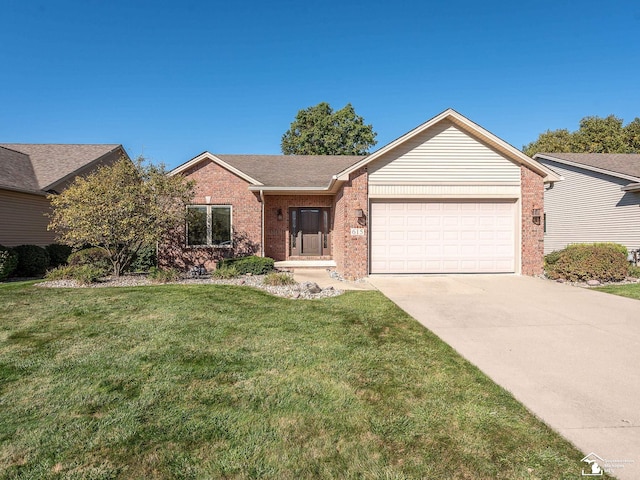 ranch-style home featuring a front yard and a garage