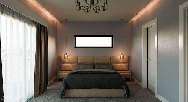 carpeted bedroom featuring ornamental molding and a notable chandelier