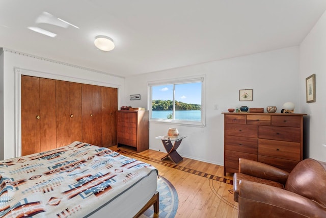 bedroom featuring a closet, a water view, and light wood-type flooring