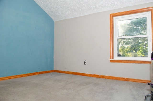 carpeted empty room with vaulted ceiling and a textured ceiling