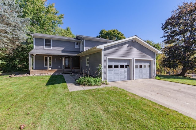 view of property featuring a front yard, a porch, and a garage