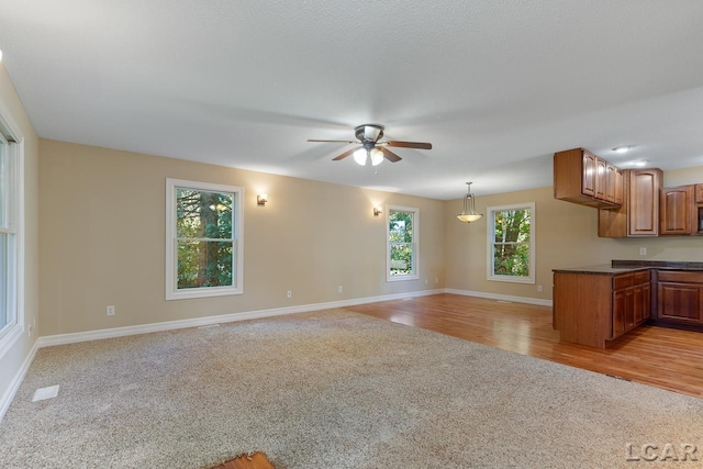 unfurnished living room with light hardwood / wood-style flooring and ceiling fan