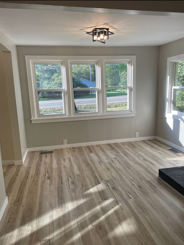 unfurnished dining area featuring a healthy amount of sunlight and light wood-type flooring