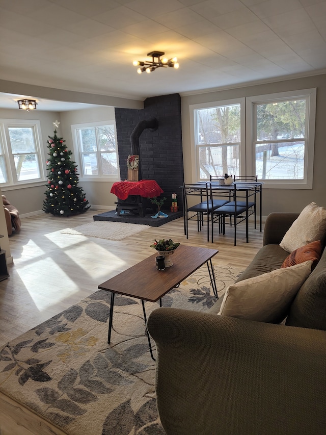 living room featuring a wood stove and light hardwood / wood-style floors