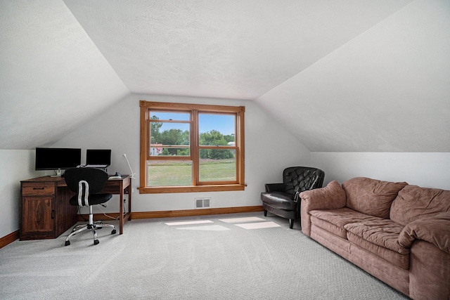 office featuring light carpet, a textured ceiling, and vaulted ceiling