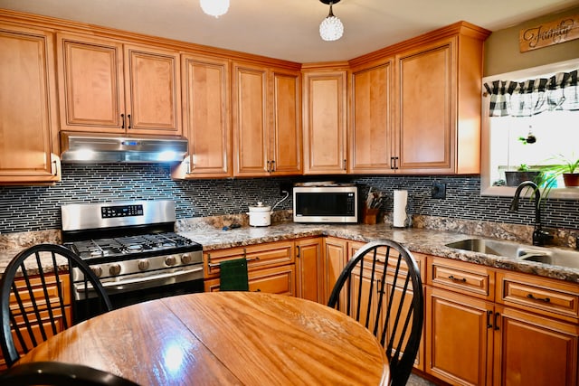 12101 Todd Rd, Ida, MI 48140 - kitchen featuring stainless steel appliances, under cabinet range hood, a sink, backsplash, and brown cabinetry