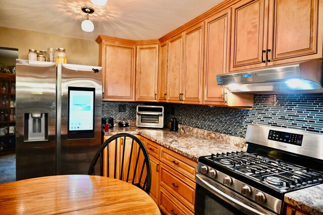 12101 Todd Rd, Ida, MI 48140 - kitchen with stainless steel appliances, under cabinet range hood, backsplash, and light stone counters