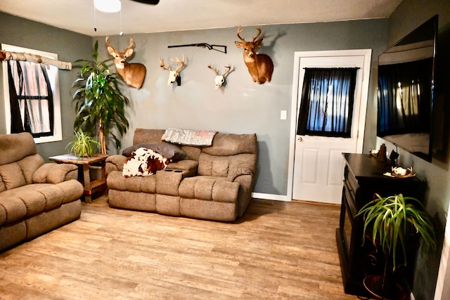 12101 Todd Rd, Ida, MI 48140 - living area with wood finished floors, a ceiling fan, and baseboards