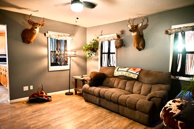 12101 Todd Rd, Ida, MI 48140 - living area featuring a ceiling fan, wood finished floors, and baseboards